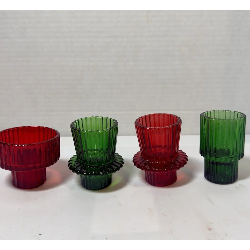 4 Candle (Taper or Votive) Or Toothpick Holders Glass Green & Red Christmas